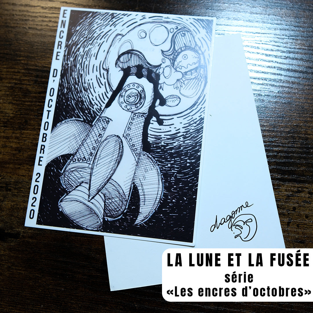 Carte postale "La lune et La fusée" - série "Les Encres d'octobres"