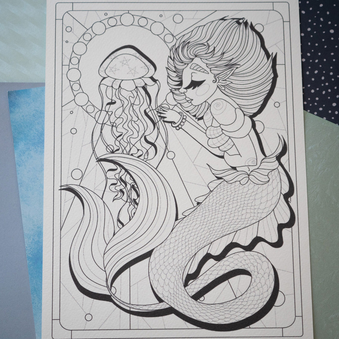 Illustration à colorier - Sirène & Méduse