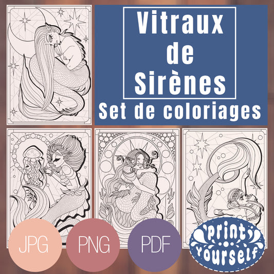 Set de 4 Coloriages - Vitraux de Sirènes