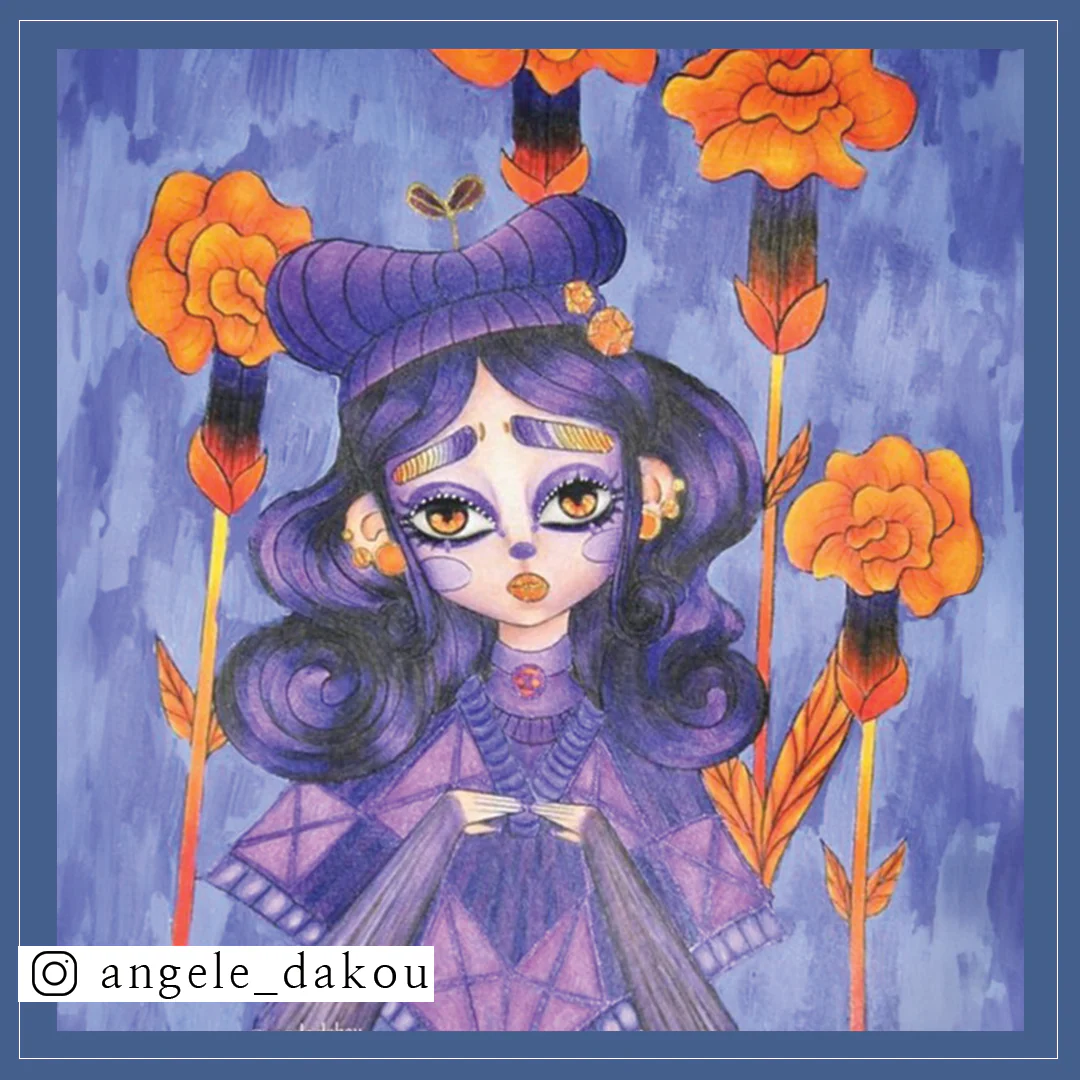 Flower Girl mise en couleurs violette et orange par Angèle Dakou
