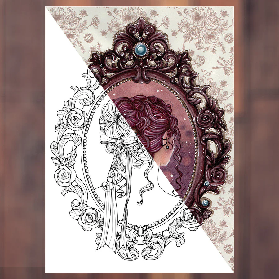 Portrait romantique, montré en traits puis en couleurs dans un miroir fleuri