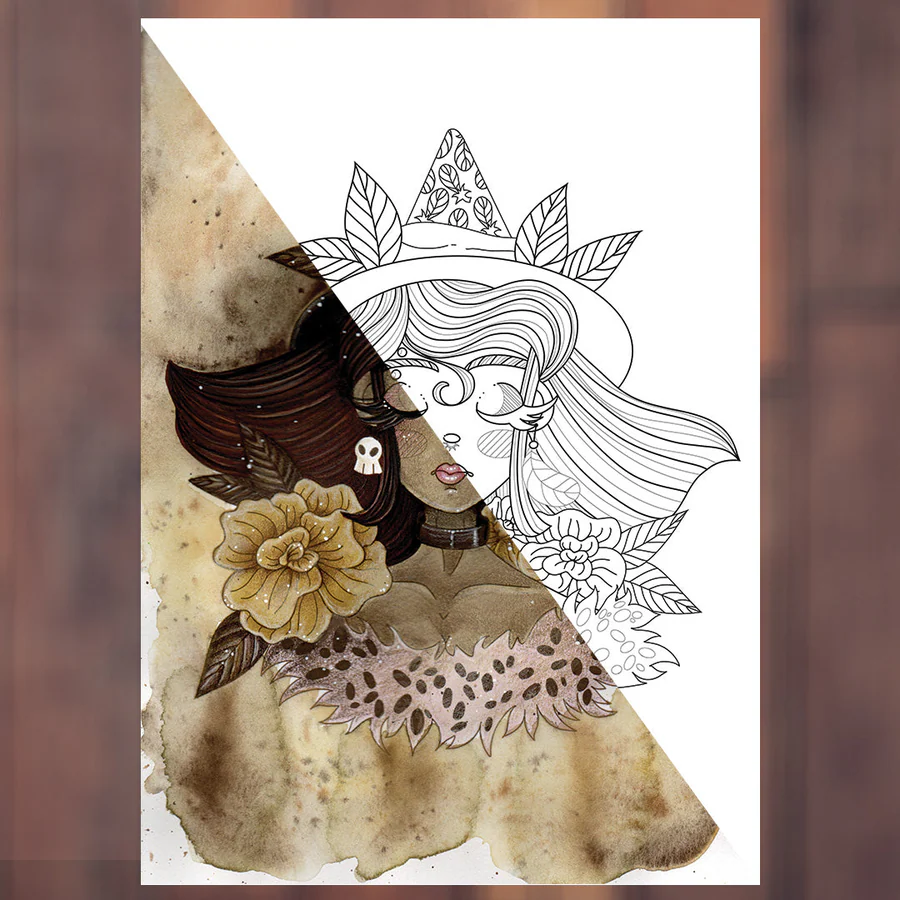 Portrait de sorcière, moitié lineart et moitié mise en couleurs automnale