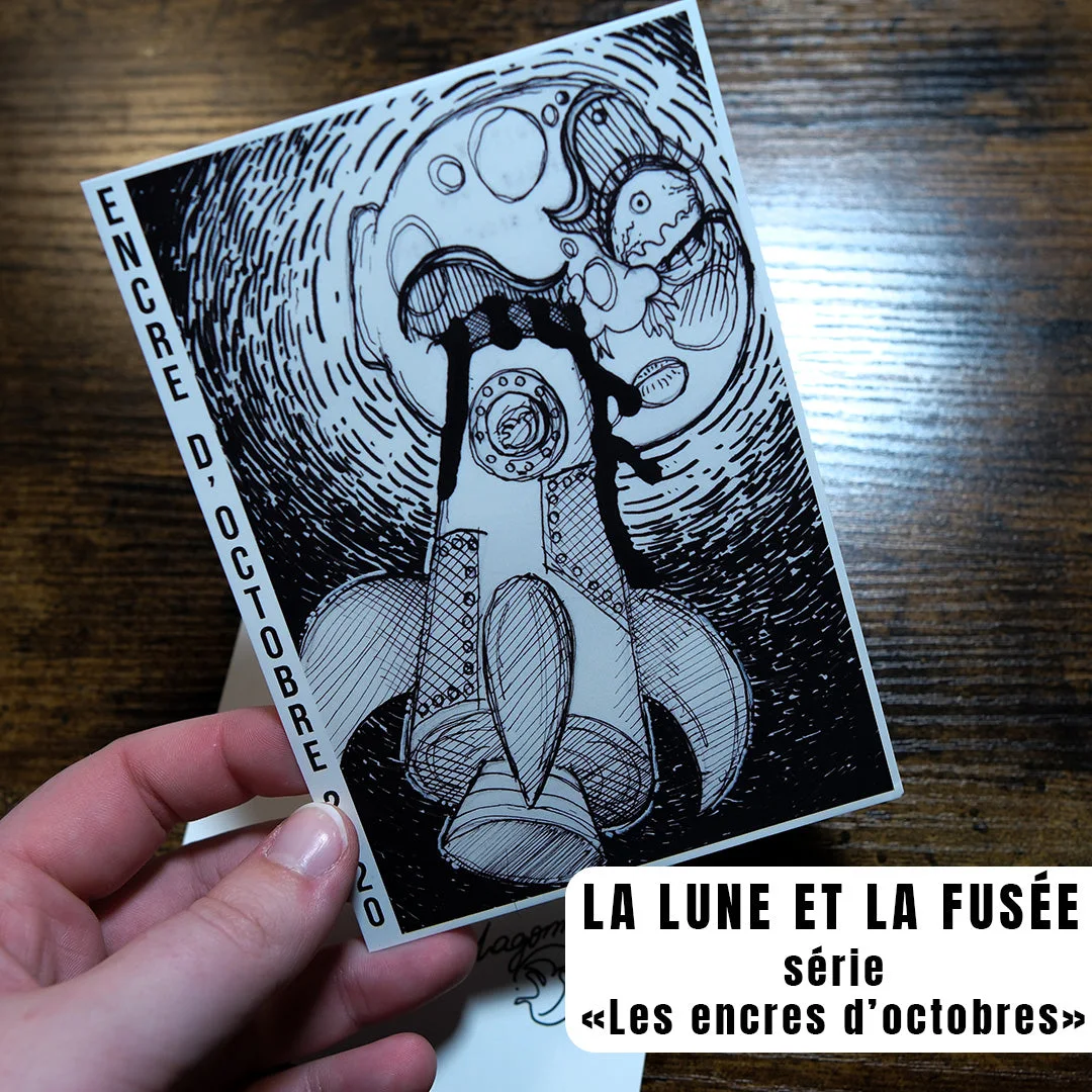 Aperçu de Carte postale "La lune et La fusée" - série "Les Encres d'octobres"